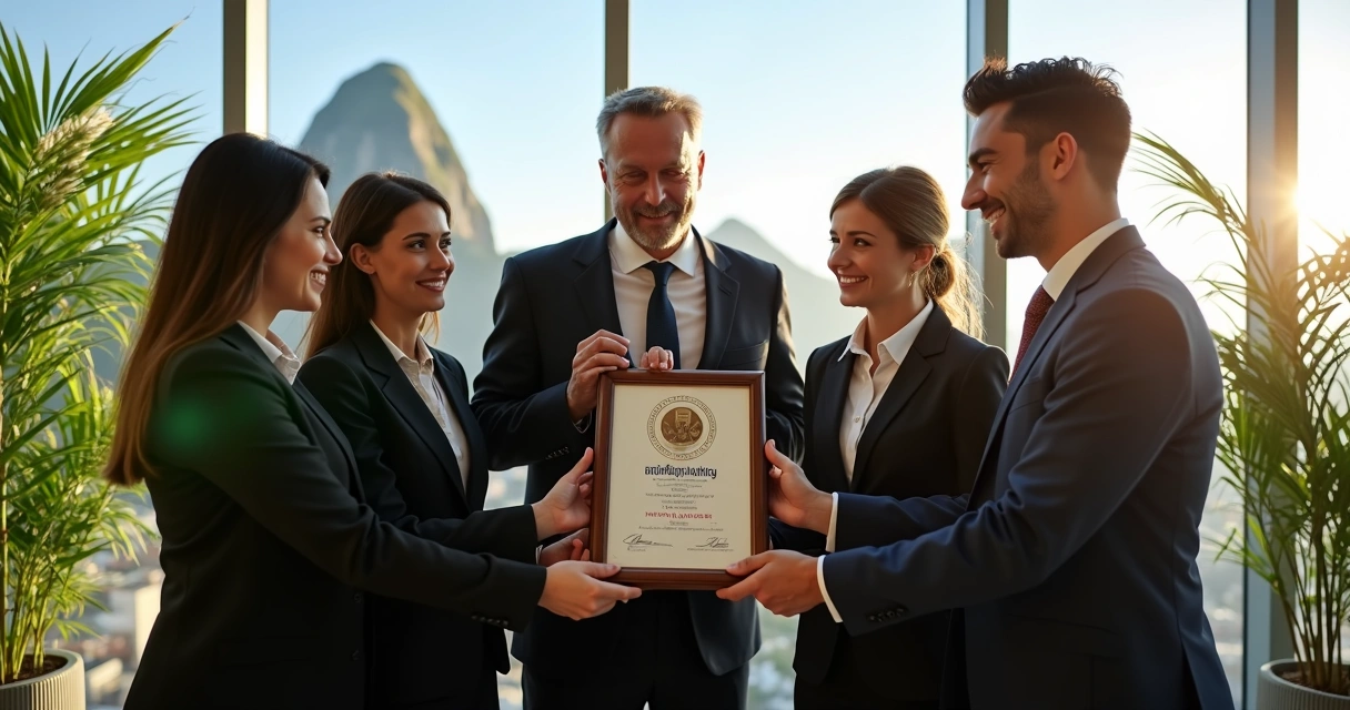 Equipe corporativa do Rio de Janeiro celebrando entrega de placa de homenagem 