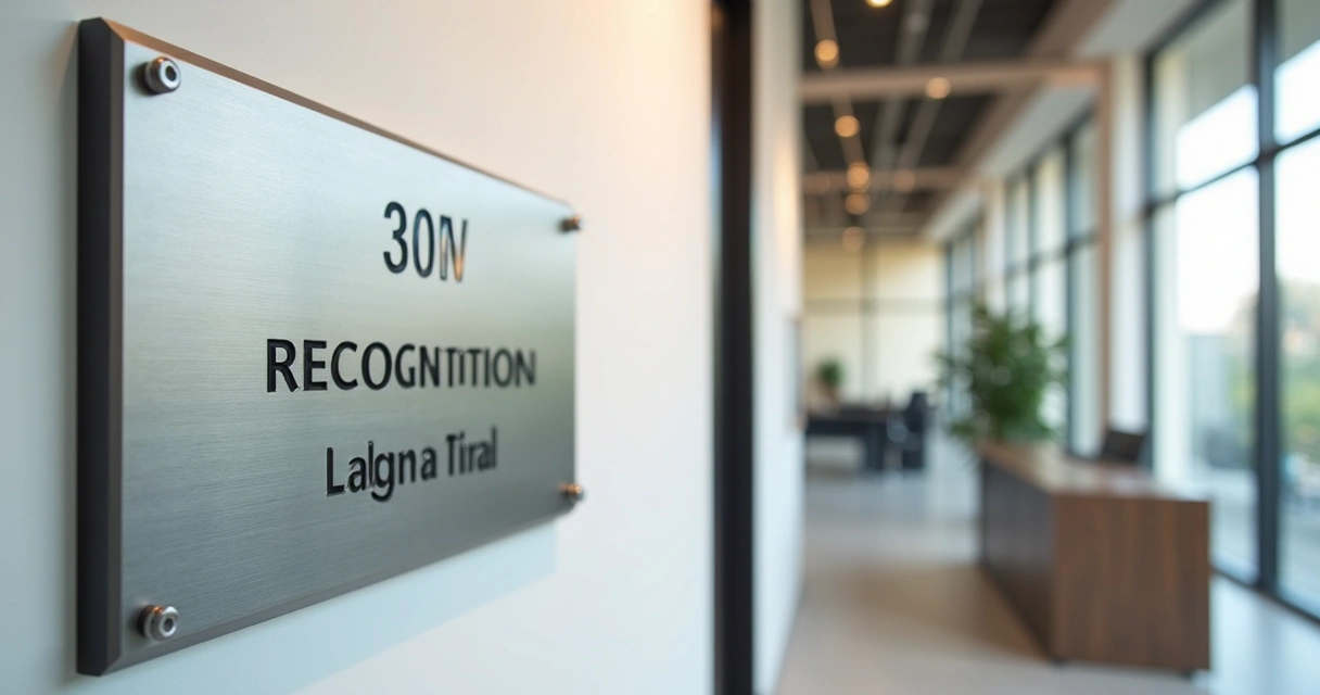 Placa de homenagem em inox fixada em parede de escritório