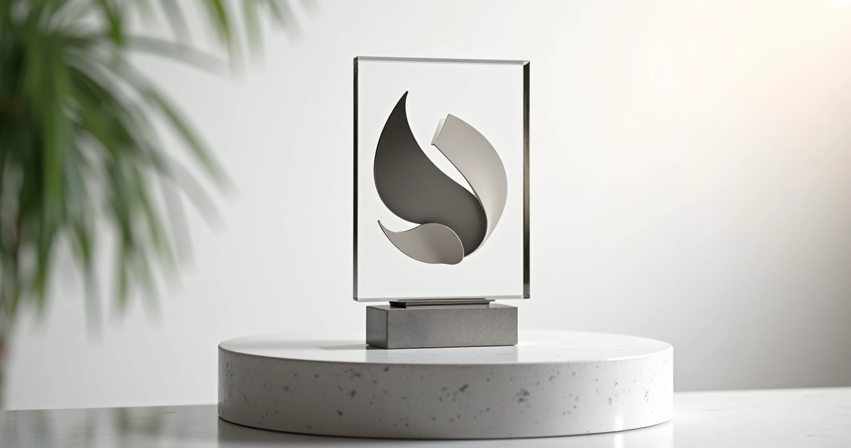 Placa de homenagem com escultura corporativa e fundo neutro 