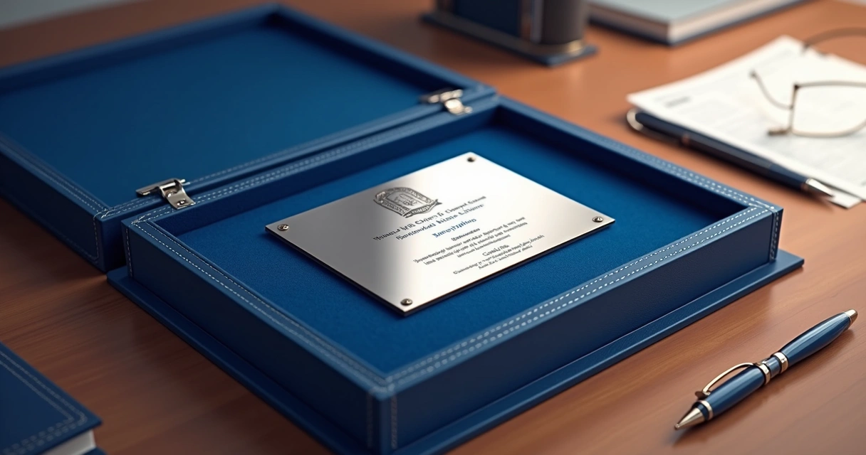 Placa de aço inox em estojo de veludo azul aberto em cima de mesa executiva 