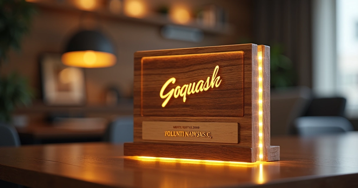 Placa de homenagem em madeira e LED personalizada para empresa 
