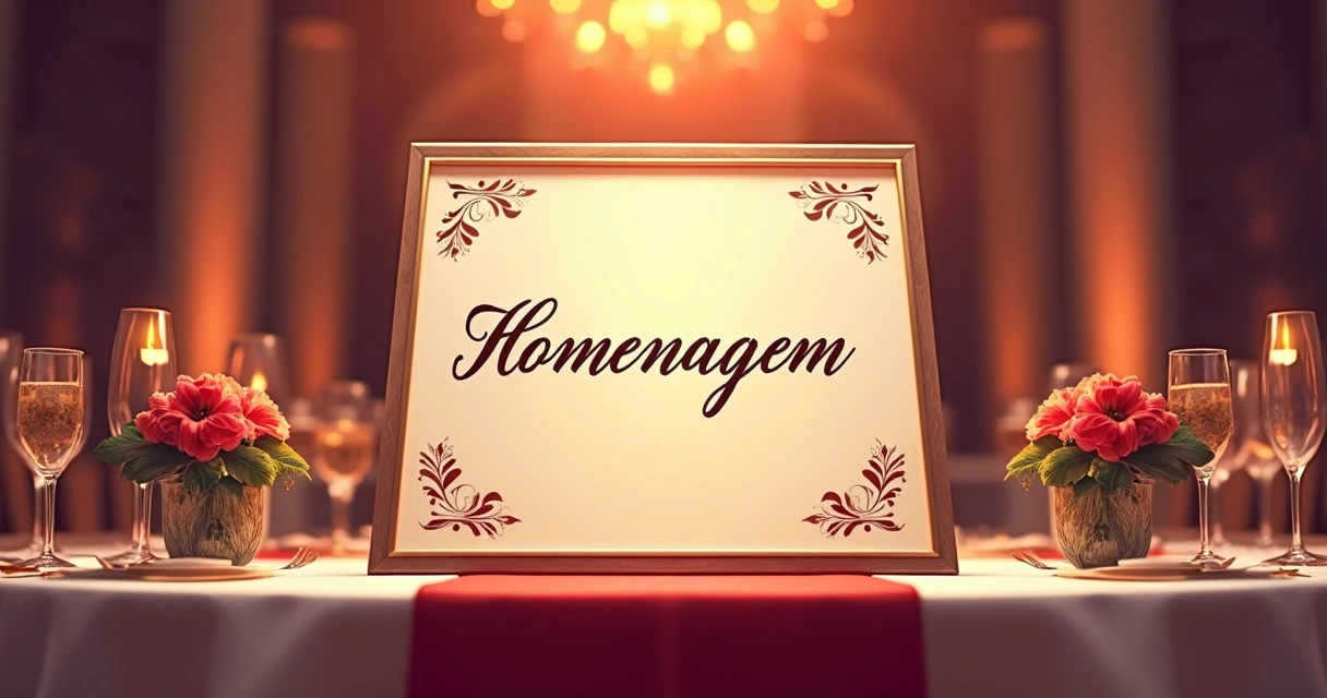 Placa de homenagem sobre mesa em evento de gala 
