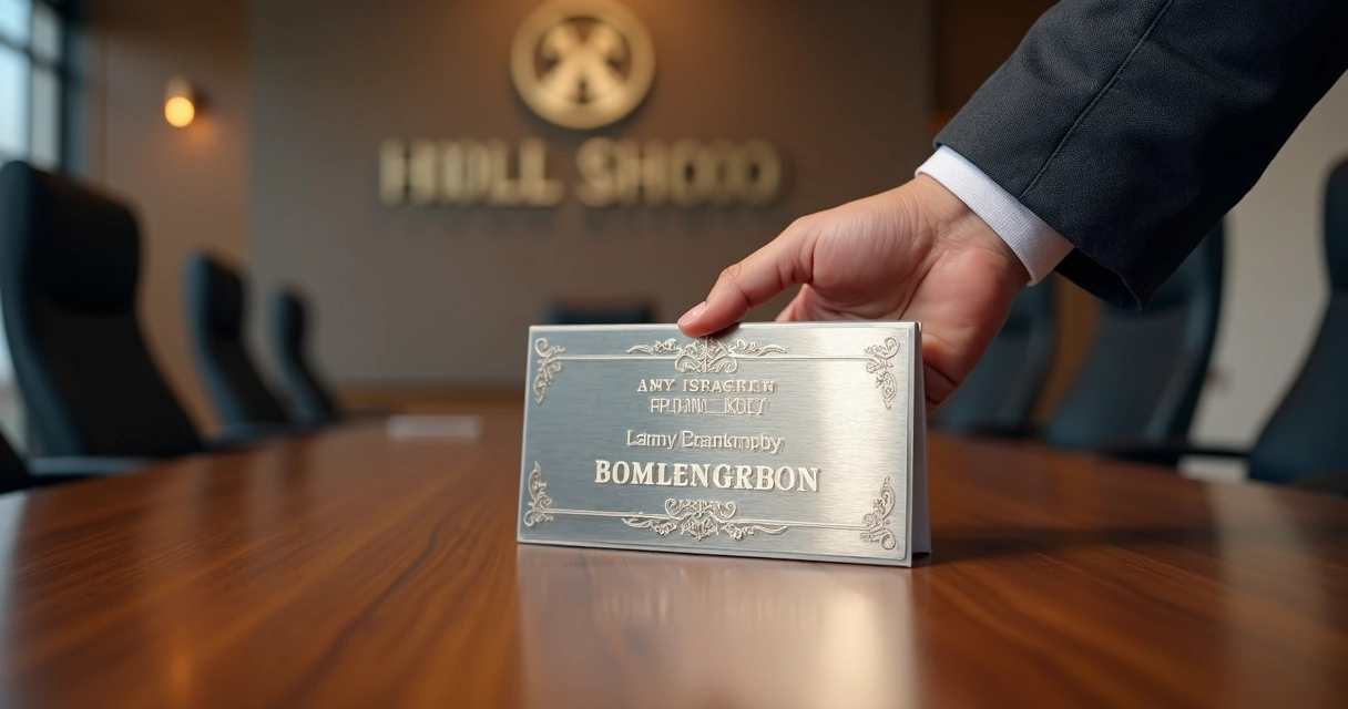 Placa de homenagem personalizada sobre mesa elegante de escritório 
