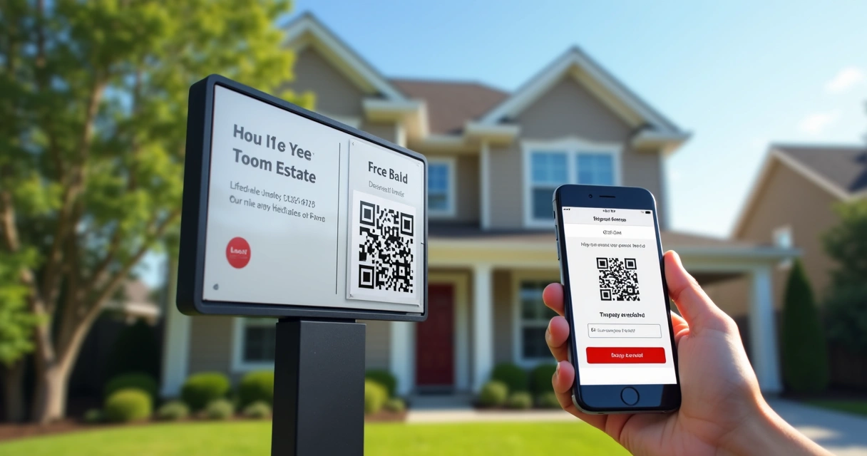 Placa de imóvel digital exibindo código QR com informações detalhadas e notificação de lead para corretor no smartphone 