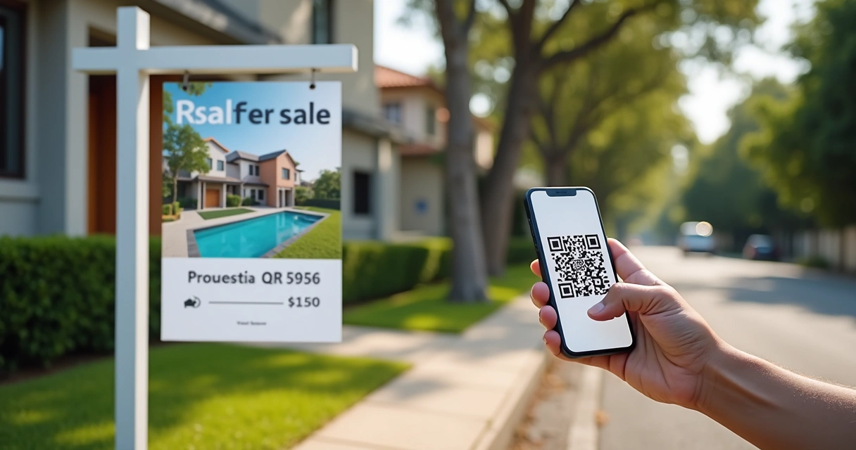 Placa de imóvel com QR code visível na calçada 