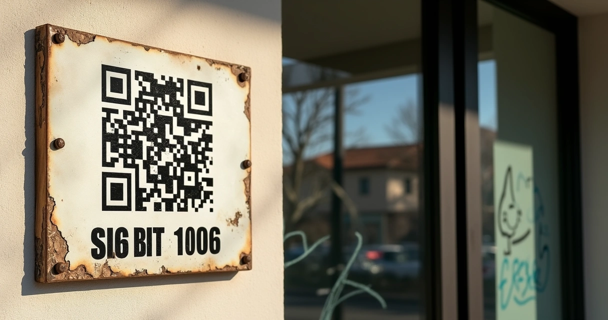 Placa de imóvel com QR code danificada e pouco legível em parede externa 