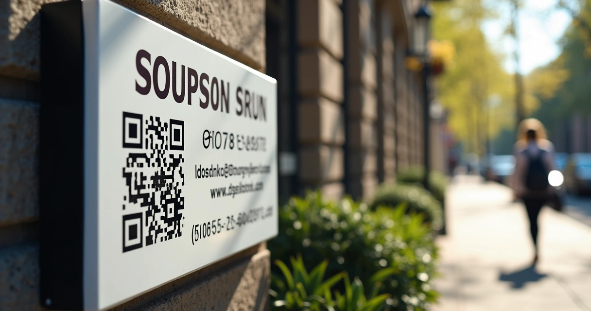 Placa de imóvel com QR code em destaque na fachada de um prédio