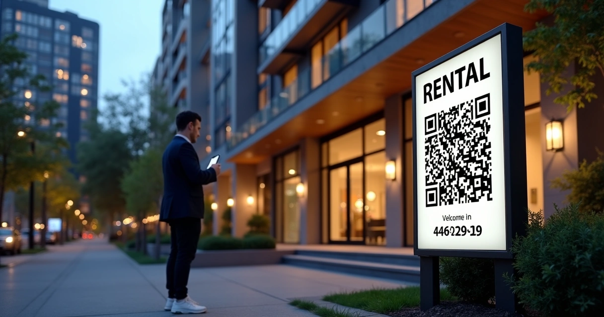 Placa de imobiliária com QR code em imóvel urbano