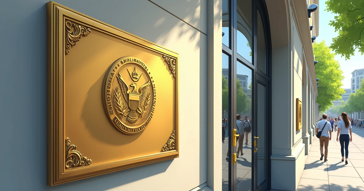 Placa de latão dourada fixada na entrada de prédio público 