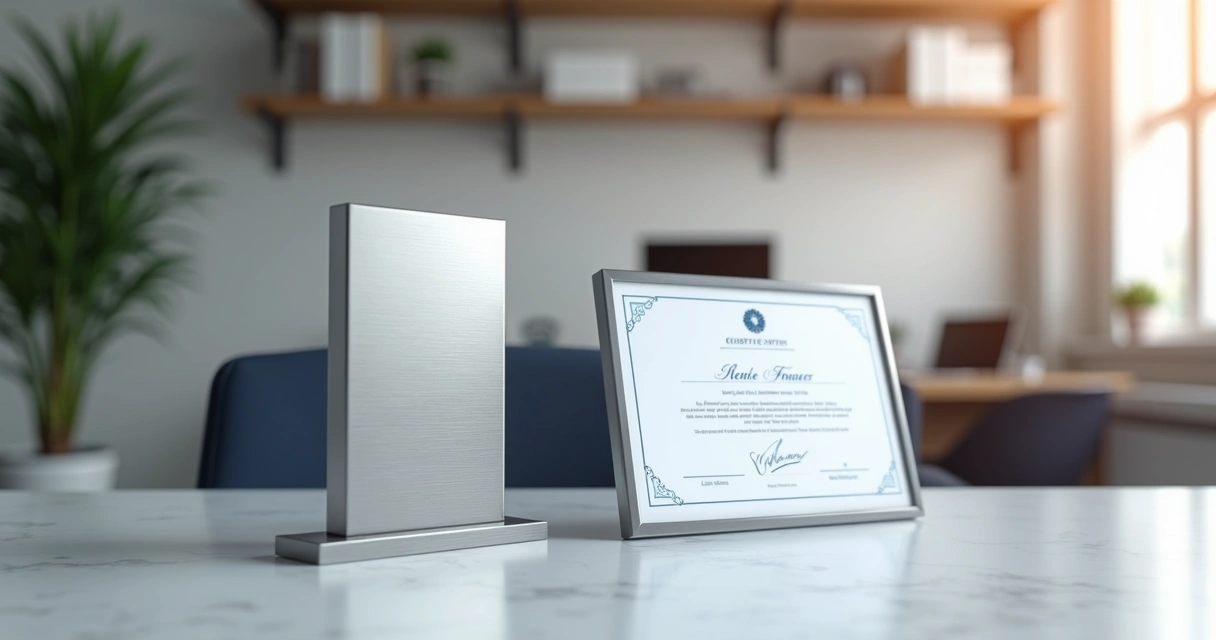 Placa em aço inox sobre mesa corporativa com certificado em papel ao lado 