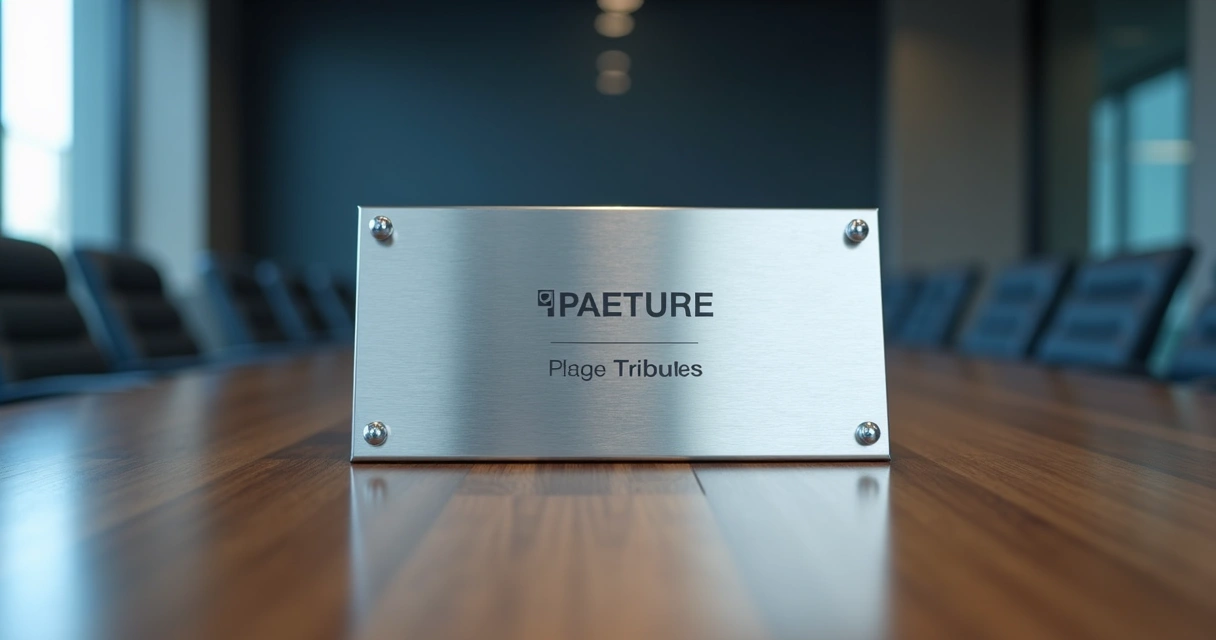 Placa de aço inox sobre mesa de reunião corporativa