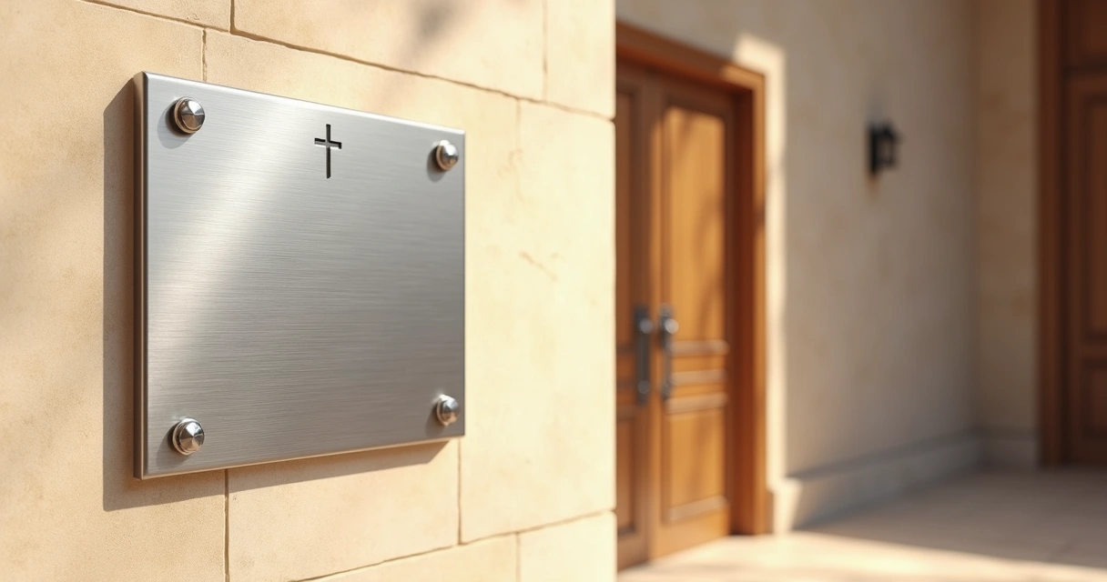 Placa de inox em parede de igreja