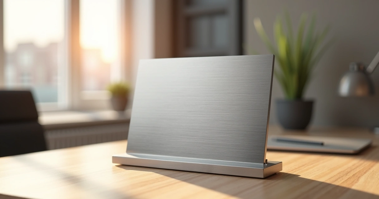 Placa de inox sobre mesa de madeira clara. 