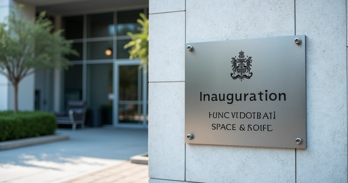 Placa de inox instalada em prédio público com brasão e texto institucional