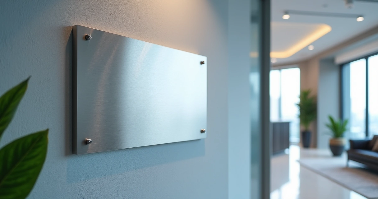 Placa de homenagem em inox instalada em recepção corporativa 