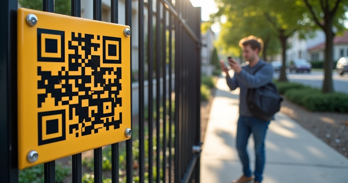 Placa de imóvel com QR code exposta em portão de casa