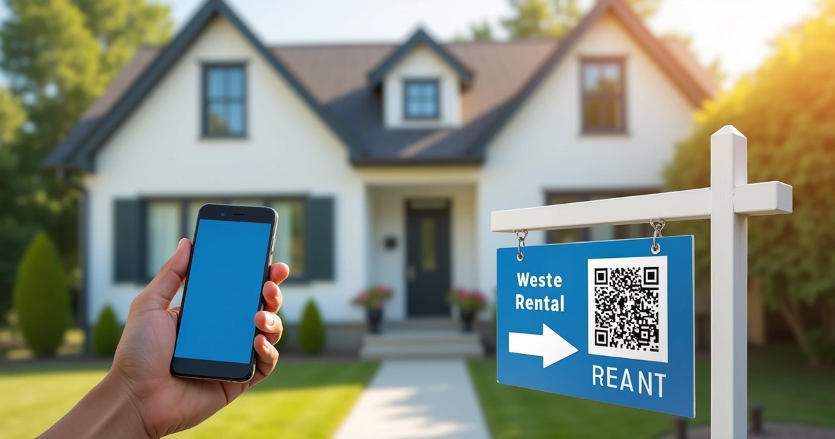 Placa de locação de imóvel com QR code em frente a casa