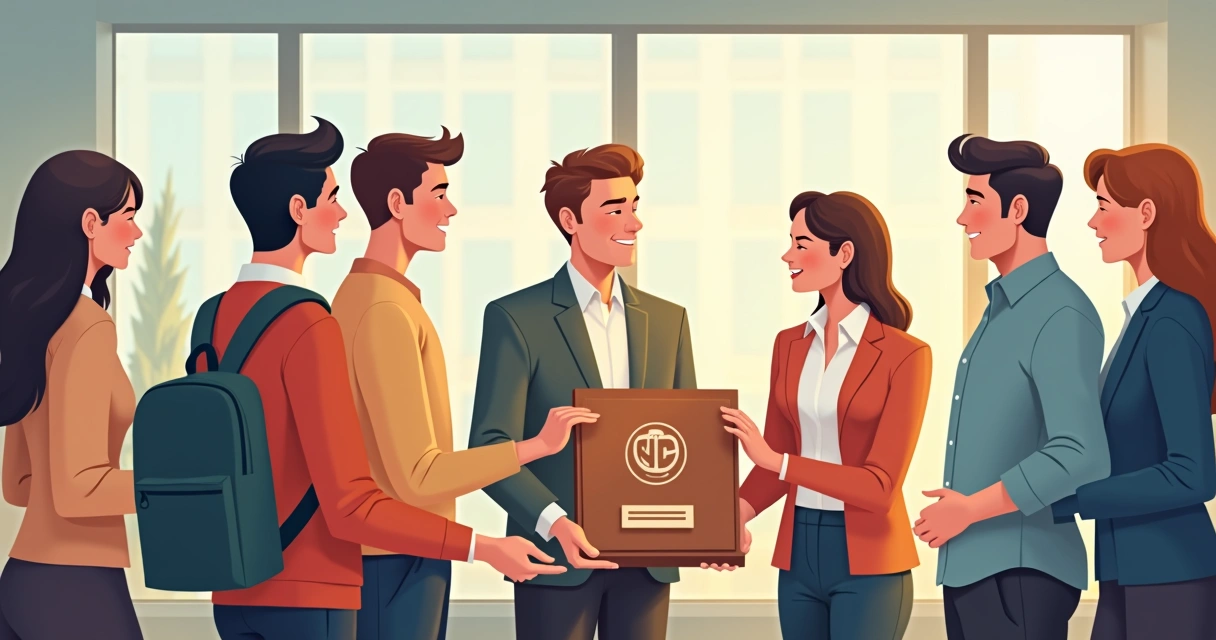 Placa de homenagem sobre base de madeira entregue para equipe 