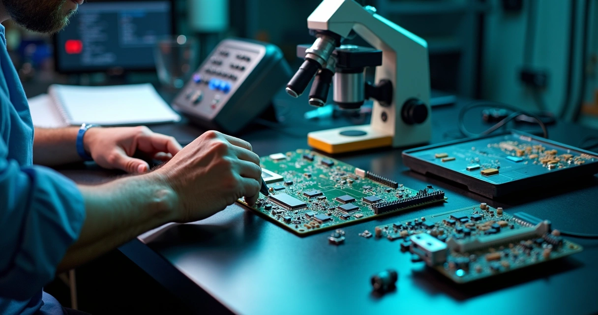Técnico analisando placa-mãe em bancada com microscópio e ferramentas