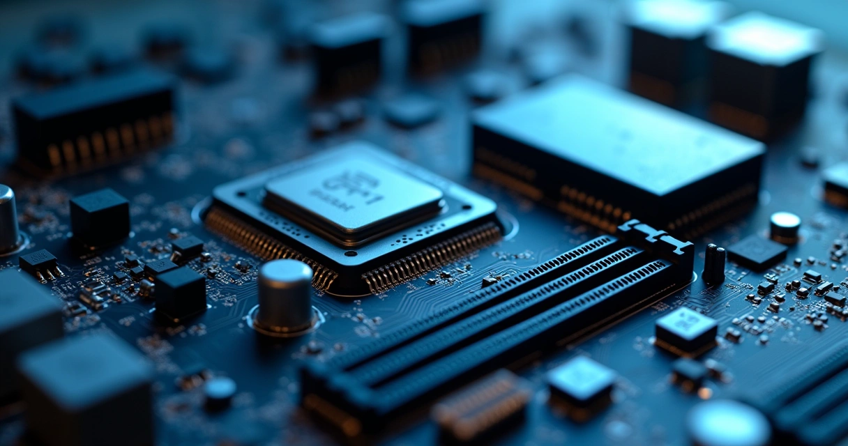 Detalhe de placa-mãe com conectores 