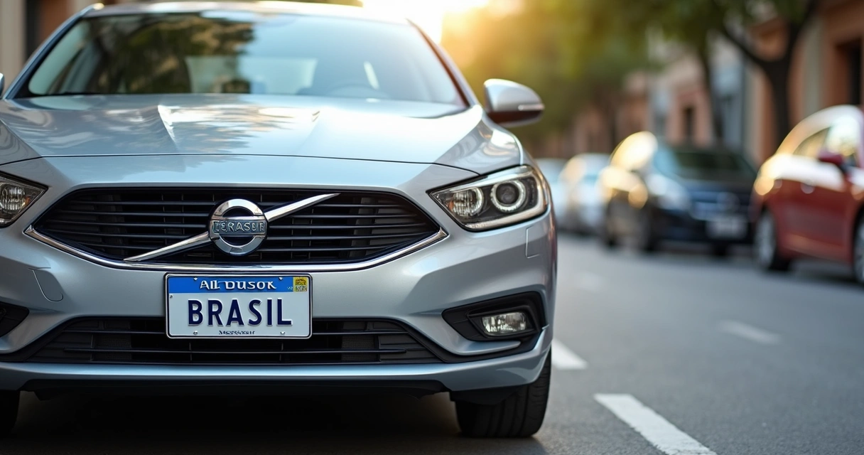 Carro com nova placa do Mercosul em rua urbana 