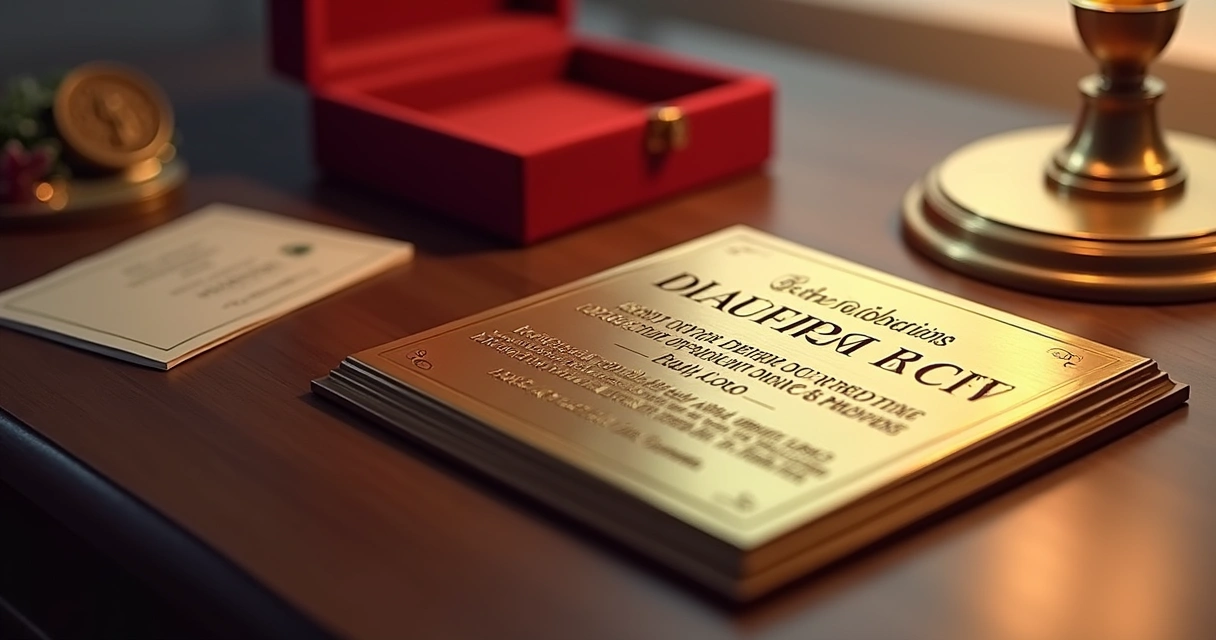Placa de latão sobre mesa de madeira, gravada digitalmente, estojo ao lado 