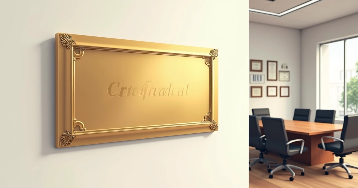 Placa de latão dourado afixada na parede de fundo branco. 