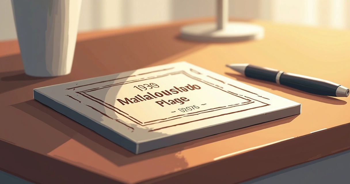 Placa de metal personalizada sobre mesa de madeira com caneta ao lado 