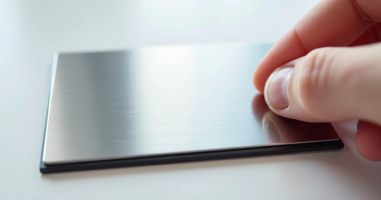 Detalhe de placa de prata com acabamento polido em close, mostrando material nobre 