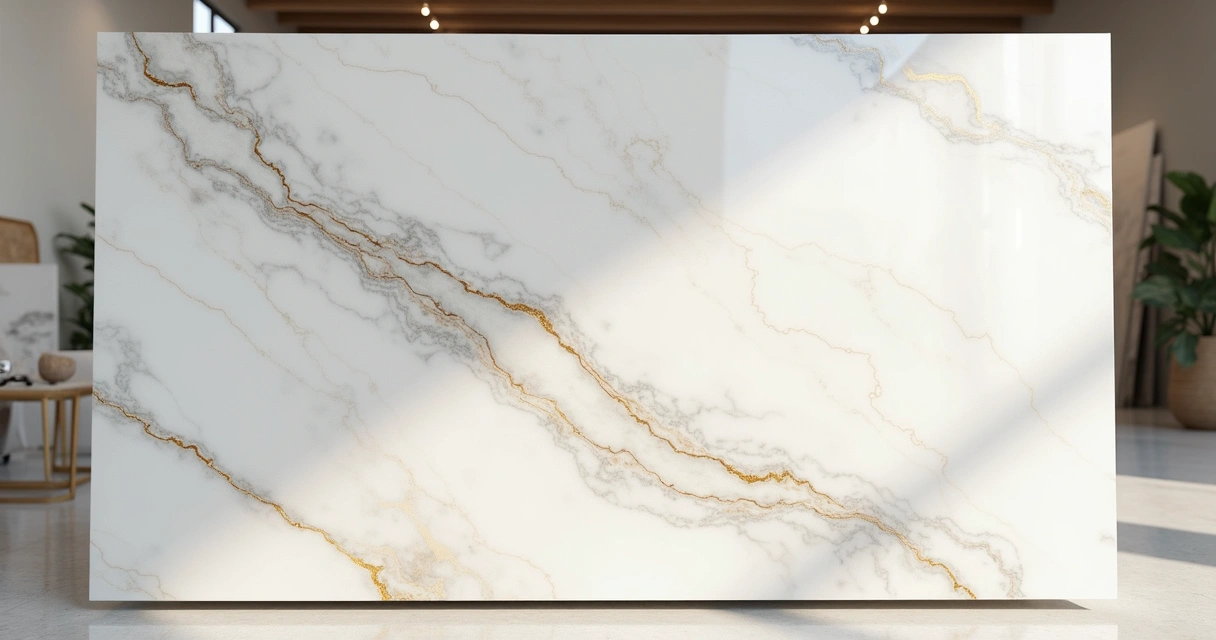 Placa de quartzito branco mostrando diferentes veios e nuances de cor 