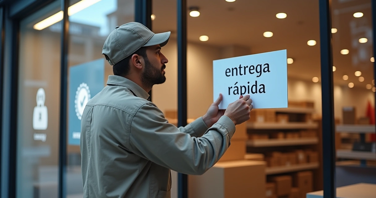 Funcionário ajeita placa de entrega rápida em frente a loja virtual