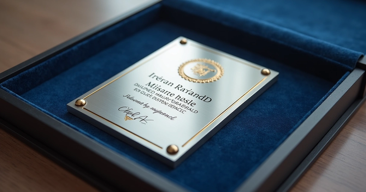 Placa de reconhecimento de funcionário em aço inox em estojo elegante, destacando gravação em baixo relevo com detalhes dourados 