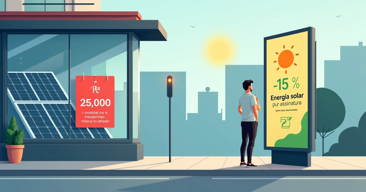 Pessoa diante de vitrine com placa solar cara e painel mostrando desconto em energia por assinatura 