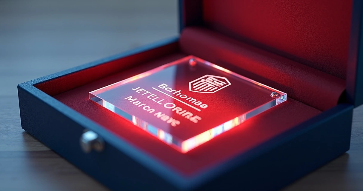 Placa personalizada em acrílico com texto e logotipo gravados, estojo aberto, detalhes de personalização evidentes 