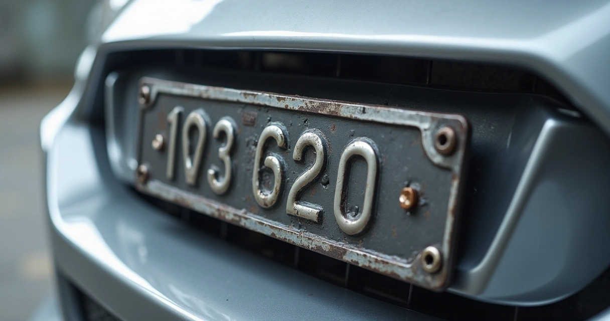 Close de placa veicular com foco em caracteres e parafusos 