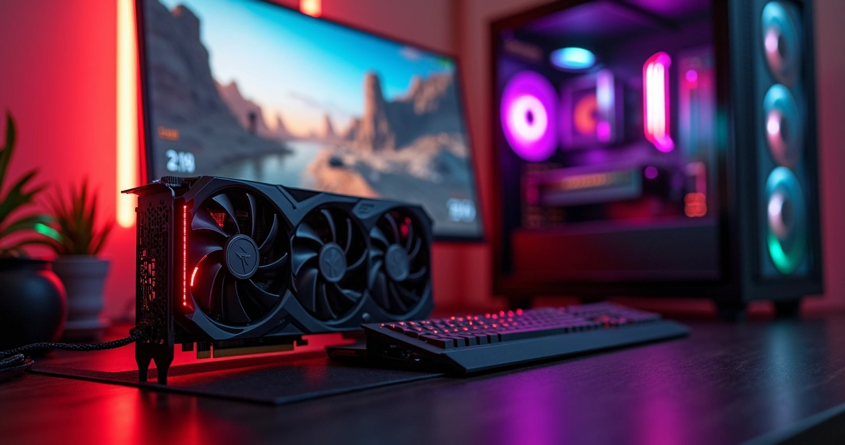 Placa de vídeo AMD Radeon iluminada em gabinete aberto com setup gamer ao fundo 