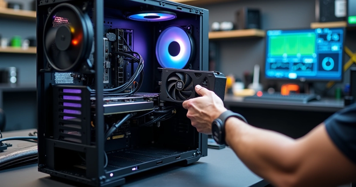 Mão instalando placa de vídeo em gabinete de computador aberto sobre bancada de oficina 