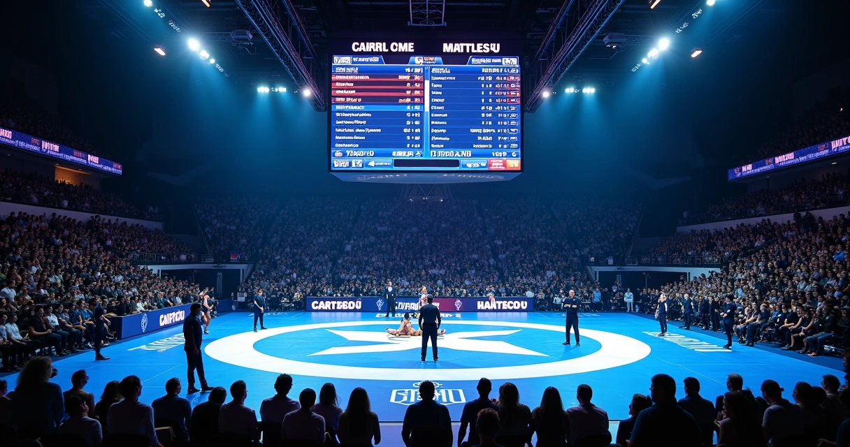 Placar eletrônico sendo exibido em campeonato de Jiu-Jitsu 