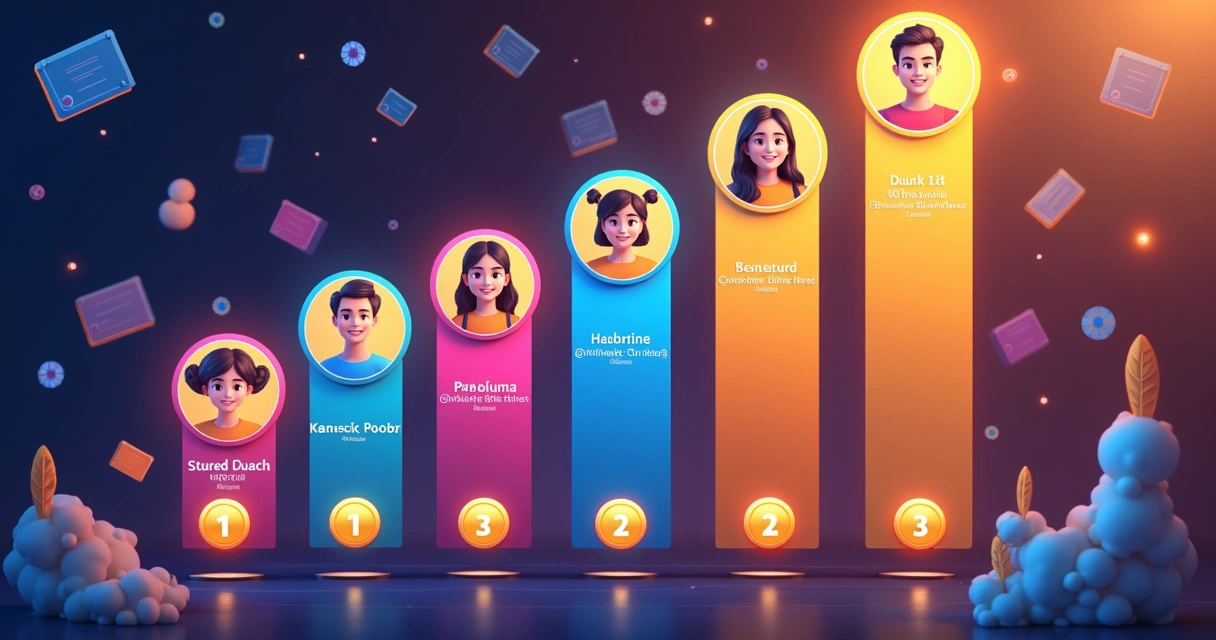 Ranking de alunos em um curso online, com avatares coloridos e pontos destacados 