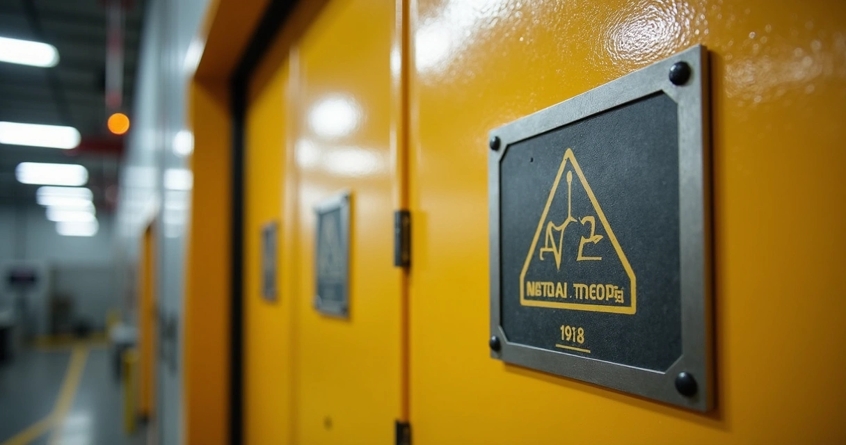 Placas de advertência elétrica fixadas em porta de quadro de energia 