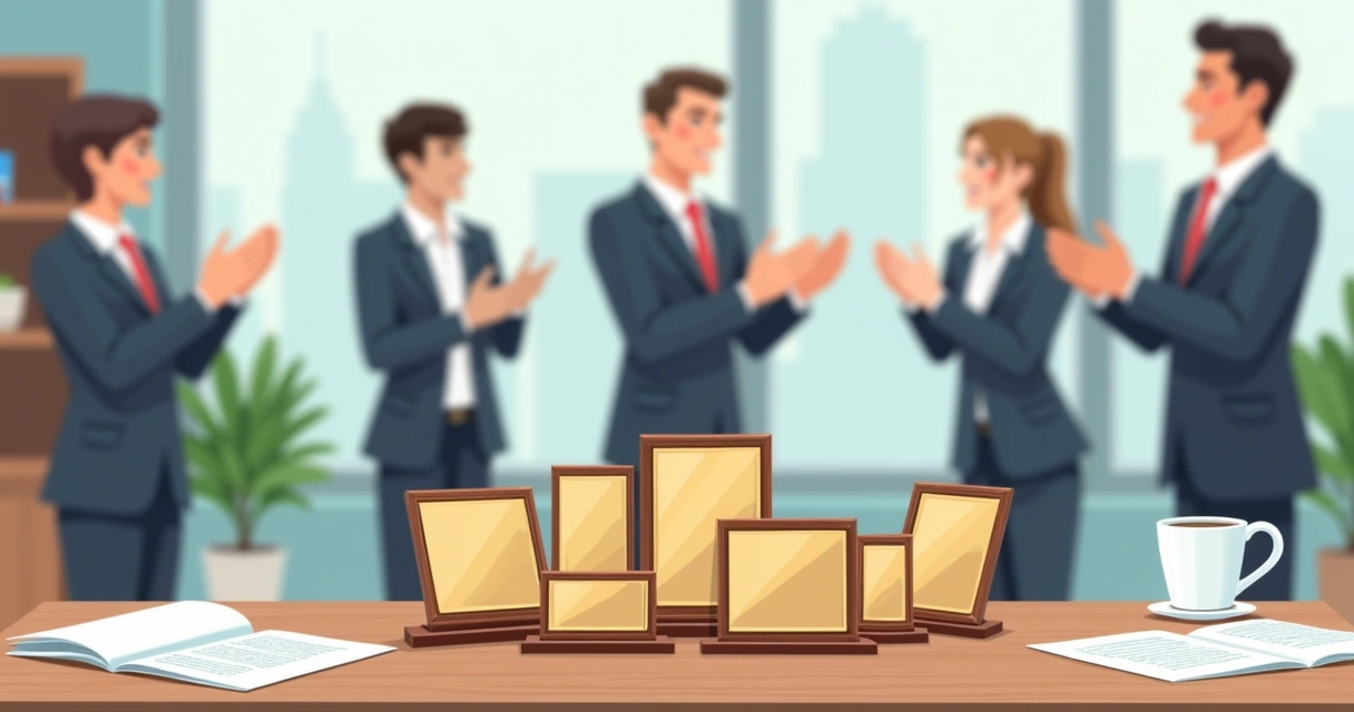 Placas comemorativas de diferentes materiais alinhadas em uma mesa corporativa 