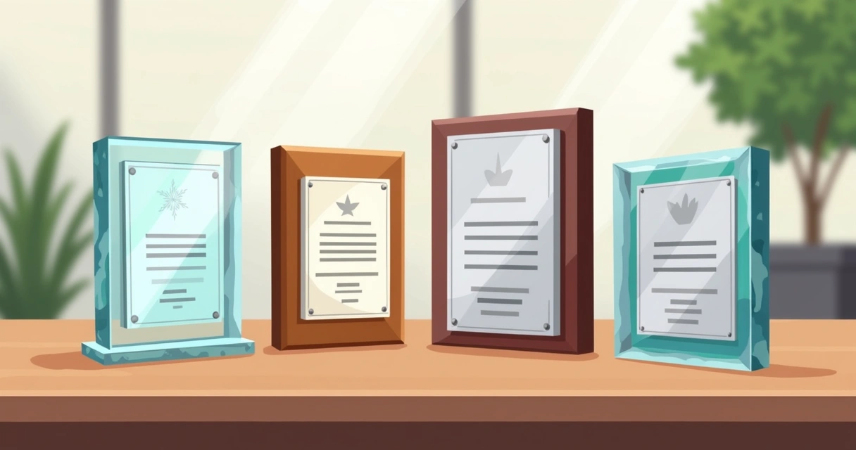 Vários tipos de placas de homenagem em vidro, aço, acrílico e madeira em uma mesa 