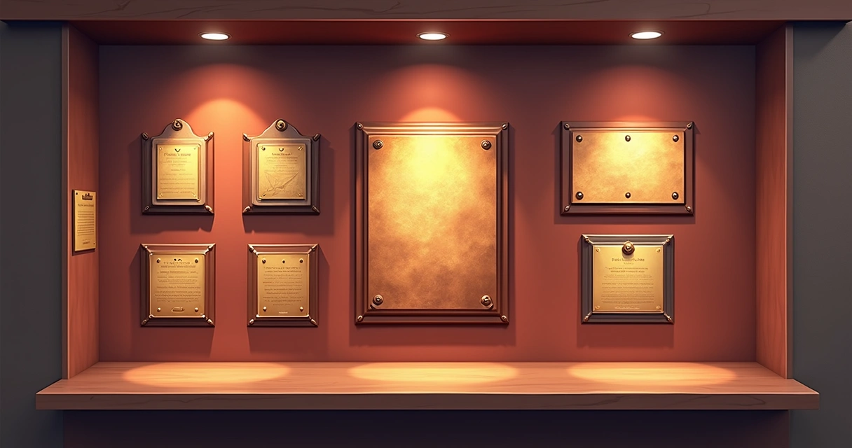 Vitrine com diferentes tipos de placas: cobre envelhecida, bronze, latão e placas expressas ao fundo 