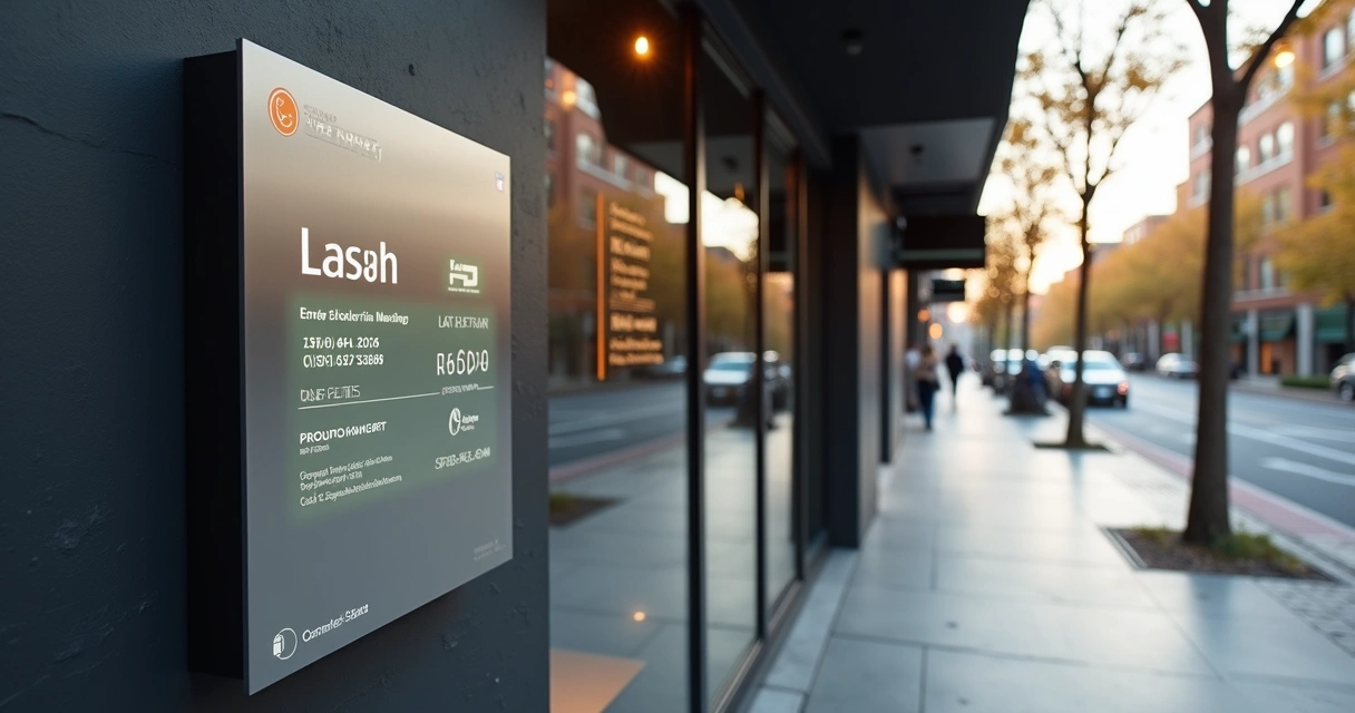 Placas inteligentes e tradicionais exibidas lado a lado em uma fachada imobiliária moderna, com detalhes visíveis e iluminação natural 