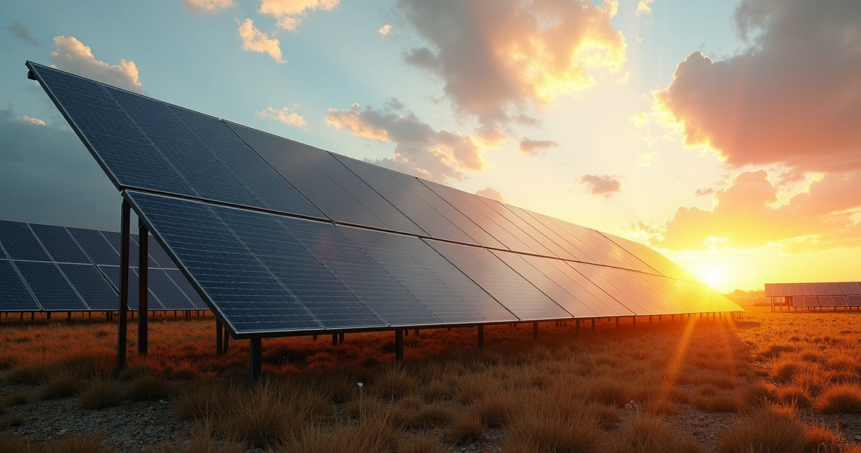 Painéis solares instalados em terreno amplo com céu nublado ao fundo mostrando limitações da energia solar 