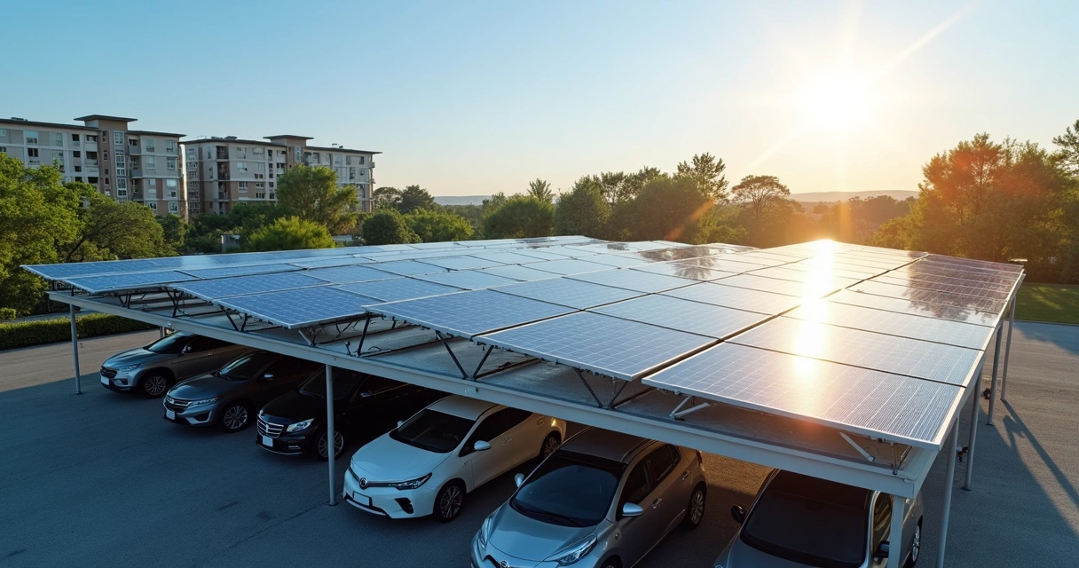 Placas solares instaladas no telhado de garagem de condomínio 