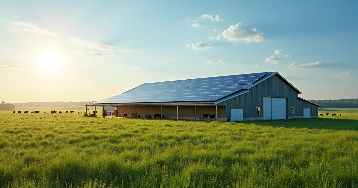 Placas solares instaladas em telhado de granja no campo 