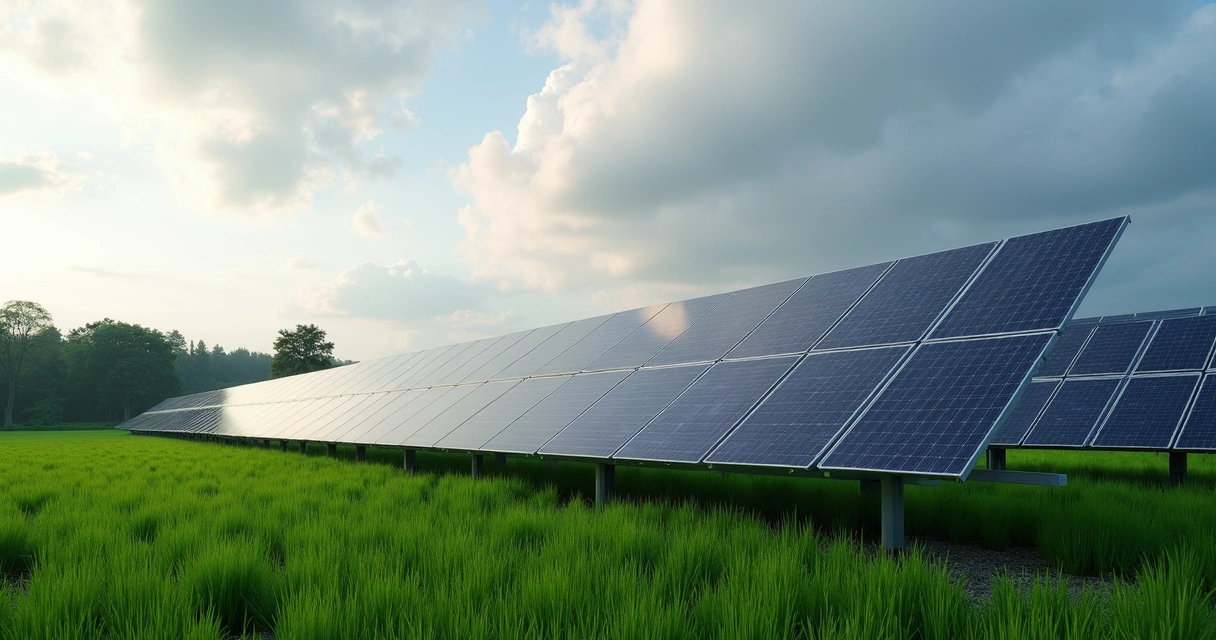Painéis solares em um campo verde sob céu nublado 