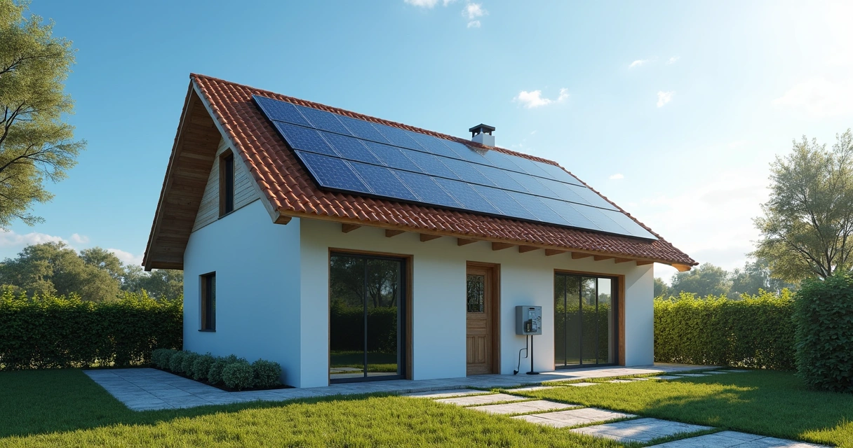 Placas solares instaladas em telhado de uma casa moderna com céu azul 