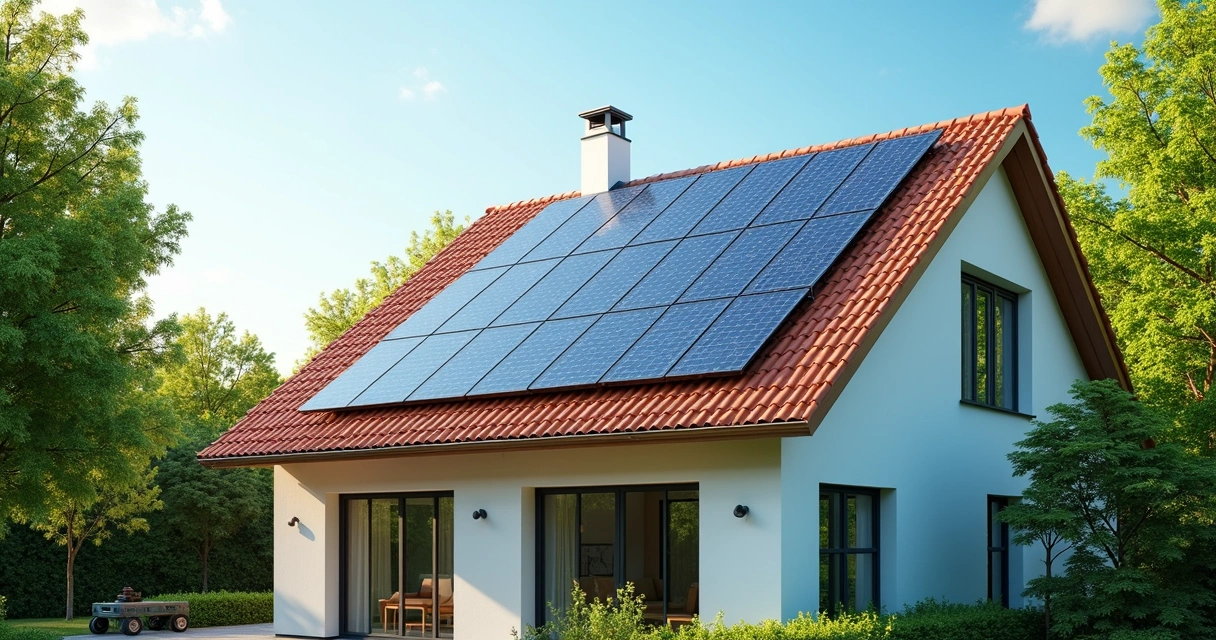 Painéis solares instalados em telhado residencial, céu azul ao fundo 